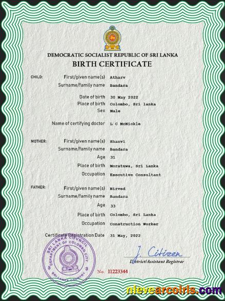 Sri Lanka vital record birth certificate